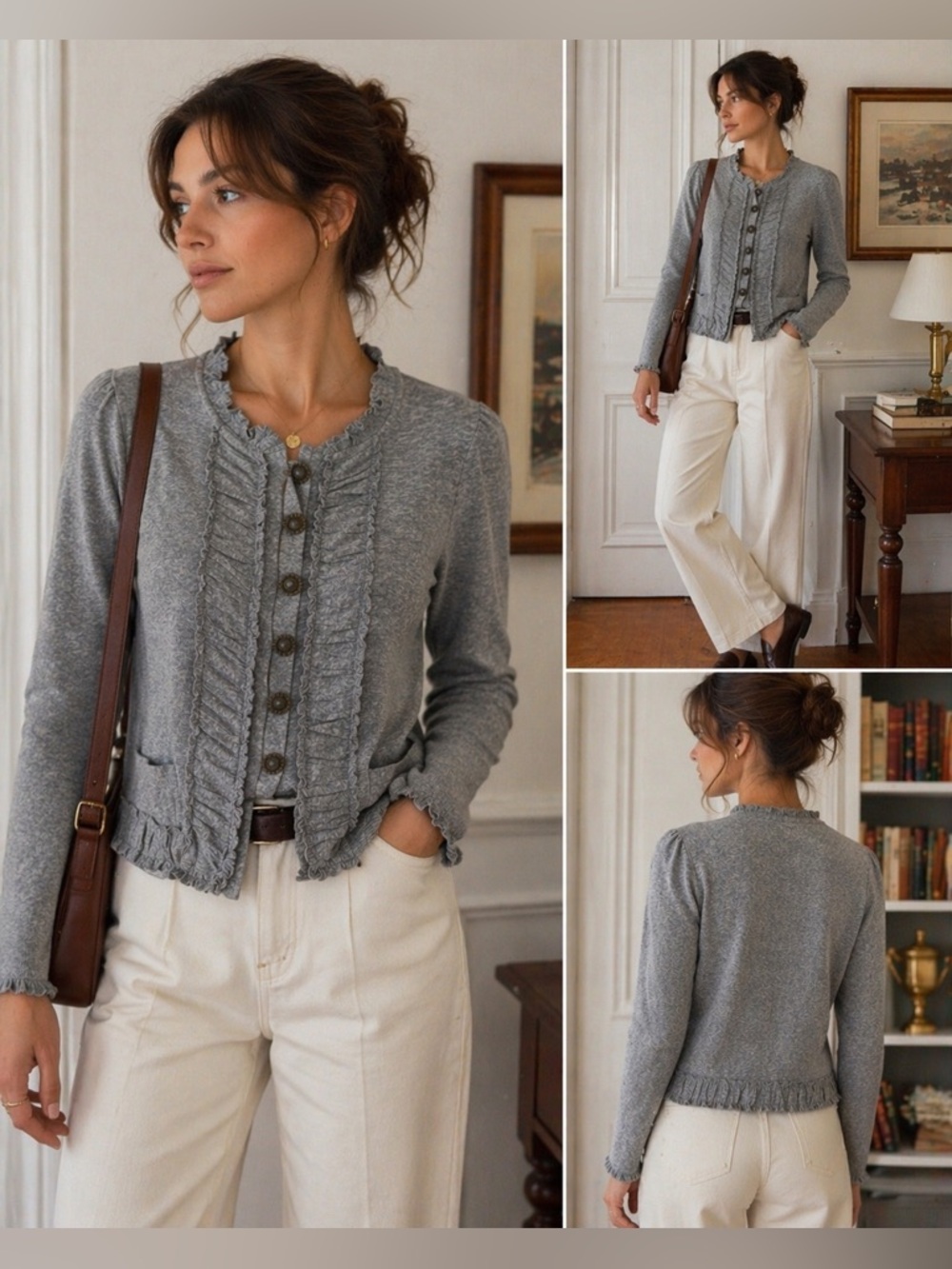 FREEWAY Ruffled Cardigan Top Chic Romantic Button-Front Jersey Soft Blouse | M